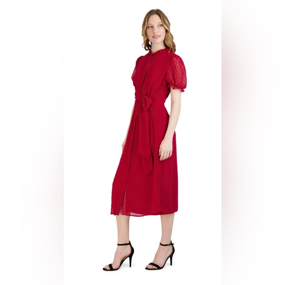 Cranberry waist tie swiss dot dress - Picture 2 of 6